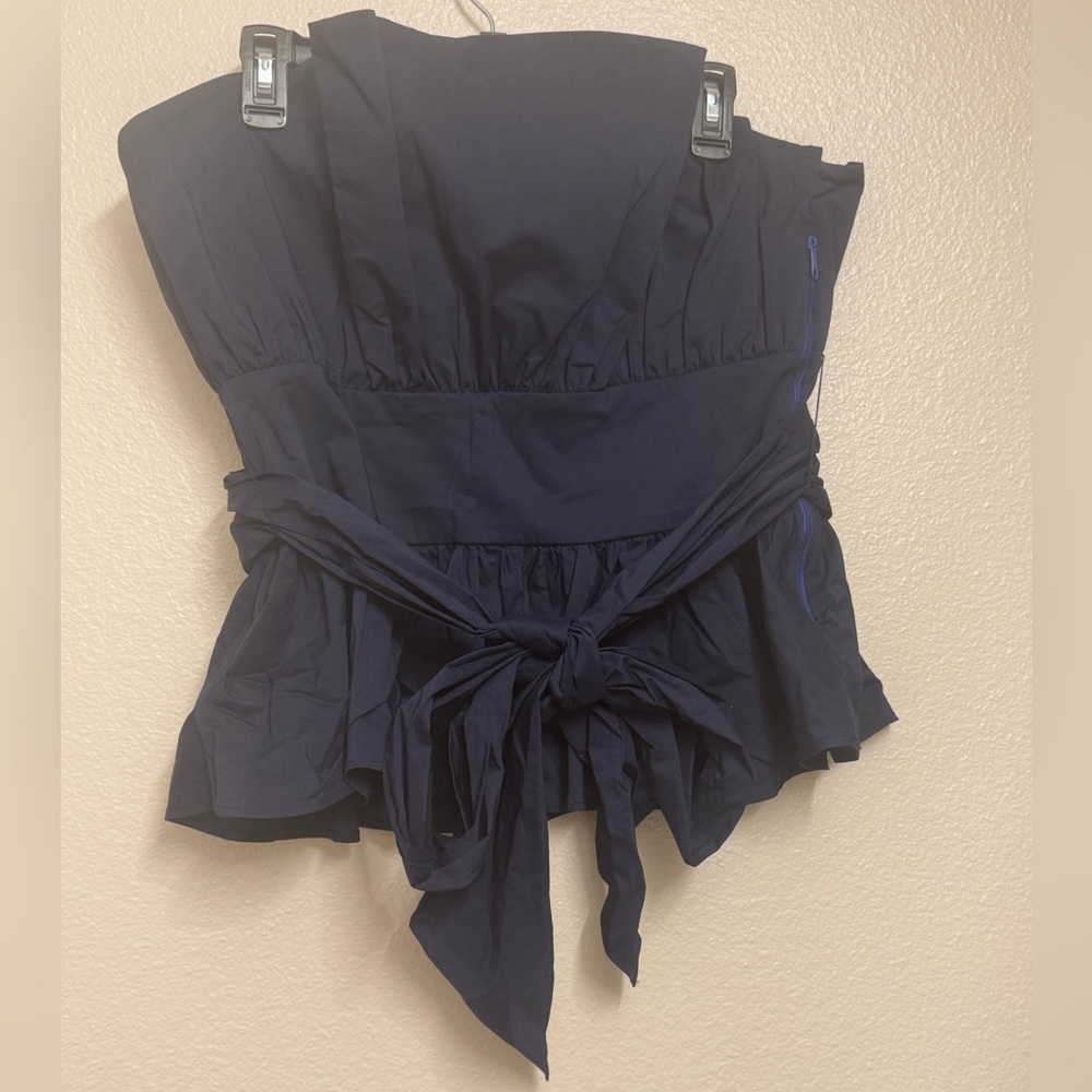 New York & Company Navy Strapless Peplum Tie-Front Top with Waist Bow